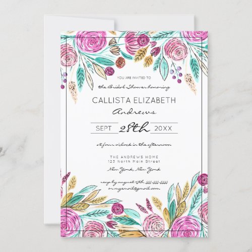 Elegant Pink Teal Floral Watercolor Bridal Shower Invitation