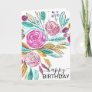 Elegant Pink Teal Floral Watercolor Happy Birthday Card