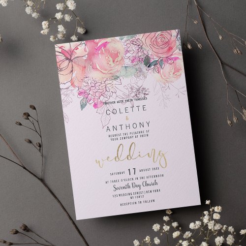 Elegant pink teal lavender gold floral Wedding Invitation