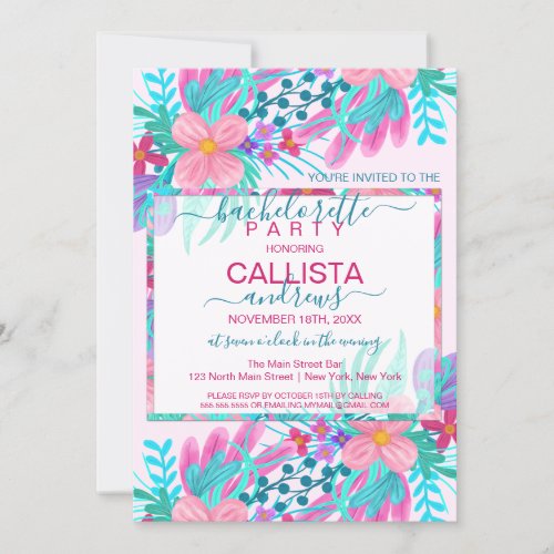 Elegant Pink Teal Painted Flowers Bachelorette Invitation