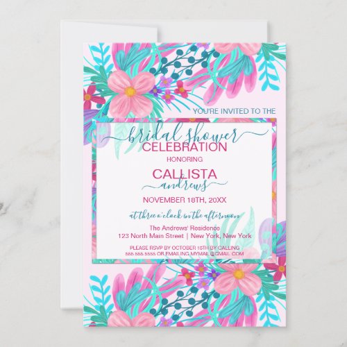 Elegant Pink Teal Painted Flowers Bridal Shower Invitation