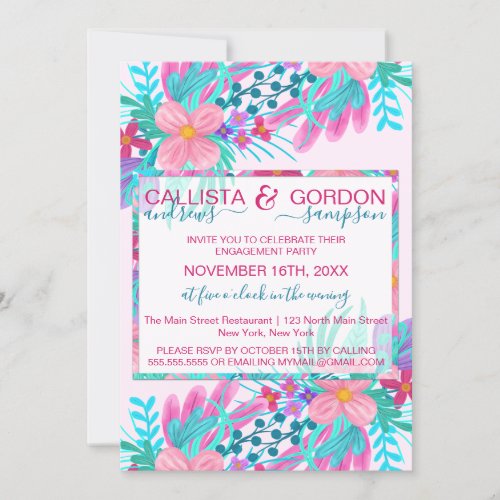 Elegant Pink Teal Painted Flowers Leaf Engagement Invitation