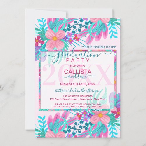 Elegant Pink Teal Painted Flowers Leaf Graduation