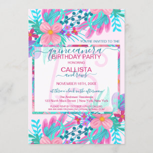 Elegant Pink Teal Painted Flowers Leaf Quinceañera Invitation