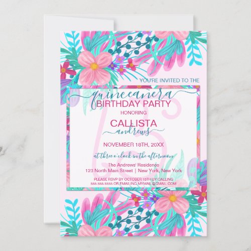 Elegant Pink Teal Painted Flowers Leaf Quinceaera Invitation