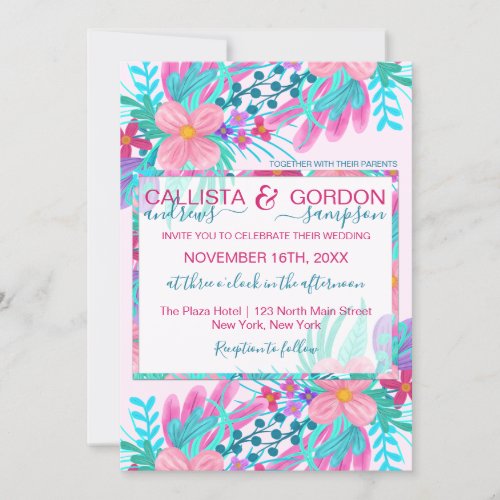 Elegant Pink Teal Painted Flowers Leaves Wedding Invitation
