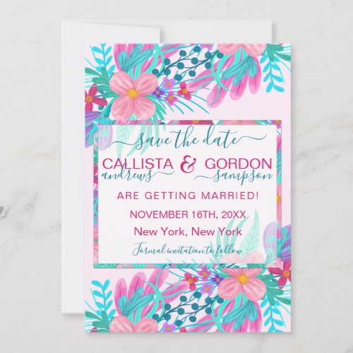 Elegant Pink Teal Painted Flowers Leaves Wedding Save The Date