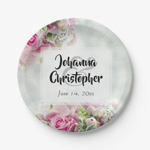 Elegant Pink  Teal Spring Floral Wedding Paper Plates