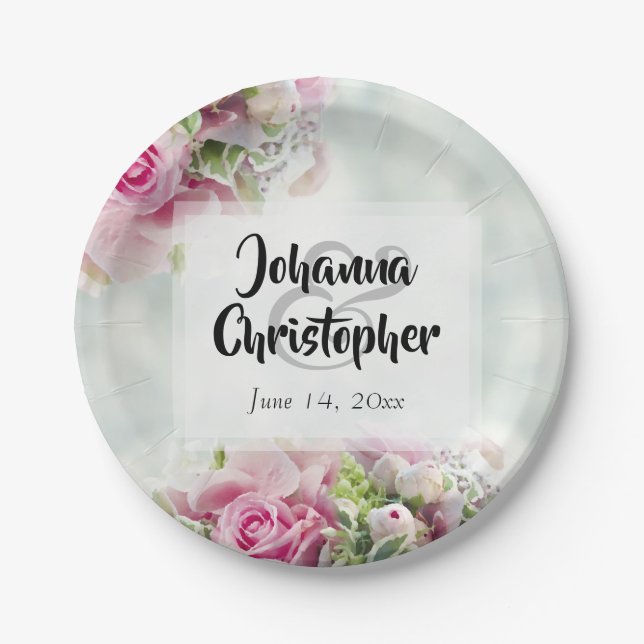 Elegant Pink & Teal Spring Floral Wedding Paper Plates (Front)