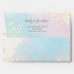Elegant Pink Teal Watercolor Gold Confetti Wedding Envelope