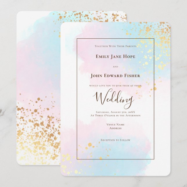Elegant Pink Teal Watercolor Gold Confetti Wedding Invitation (Front/Back)