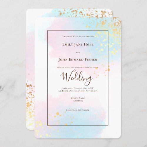Elegant Pink Teal Watercolor Gold Confetti Wedding Invitation