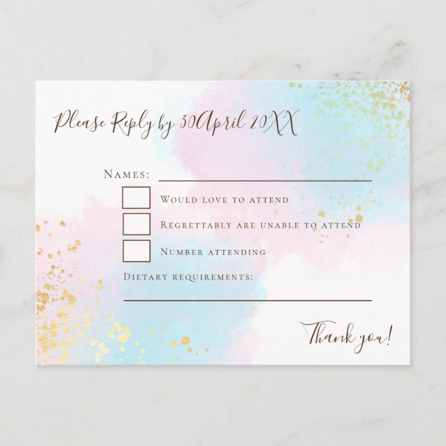 Elegant Pink Teal with Gold Confetti Wedding RSVP Postcard (Front)
