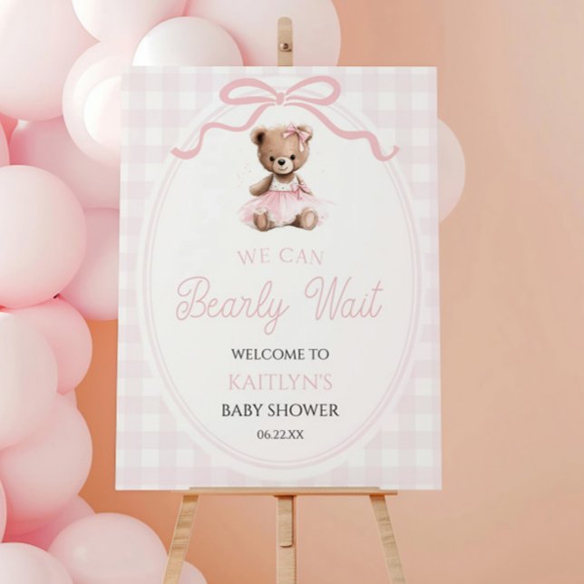 Elegant Pink Teddy Bear Baby Shower Welcome Sign (Creator Uploaded)