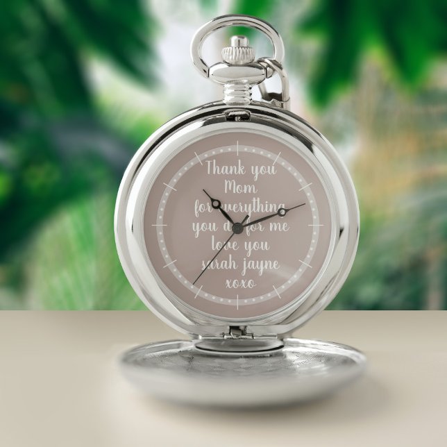 Elegant Pink Thank You Message Silver Pocket Watch (Add your own thank you message to this pretty pink pocket watch. Perfect gift for your mom)