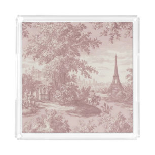 Elegant Pink Toile de Jouy French Country Scene  Acrylic Tray