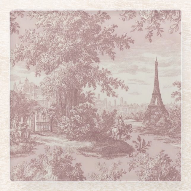 Elegant Pink Toile de Jouy French Country Scene  Glass Coaster (Front)