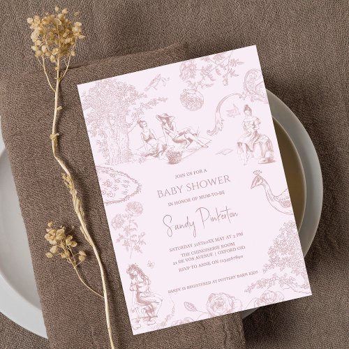 Elegant Pink Toile de Jouy Picnic Baby Shower   Invitation