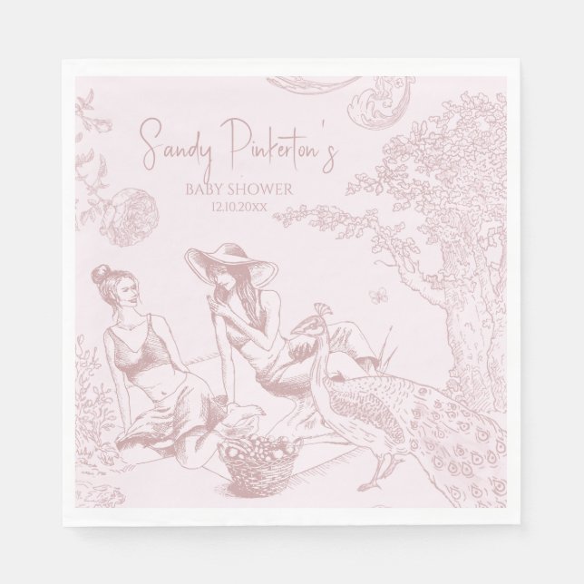 Elegant Pink Toile de Jouy Picnic Baby Shower Napkins (Front)