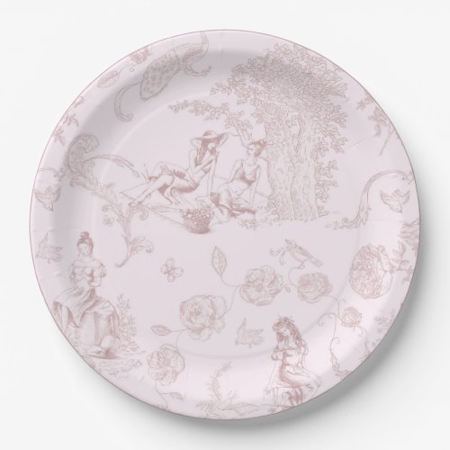 Elegant Pink Toile de Jouy Picnic Baby Shower Paper Plates