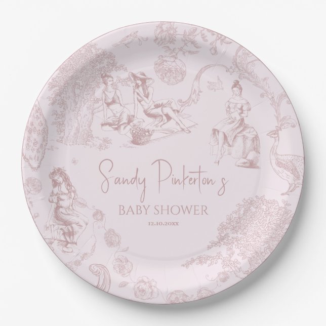 Elegant Pink Toile de Jouy Picnic Baby Shower Paper Plates (Front)