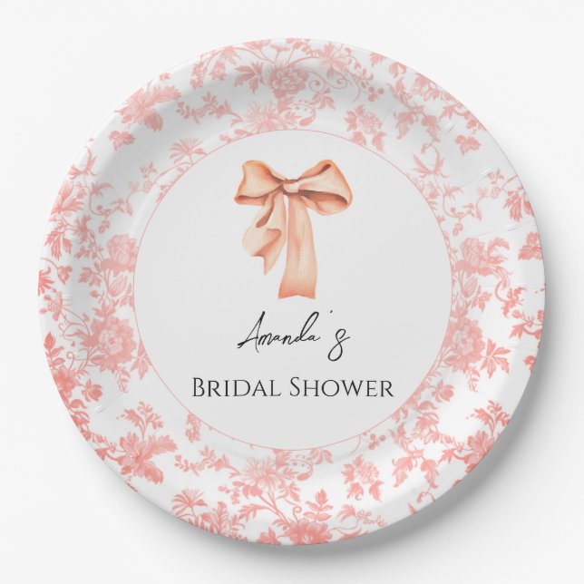 Elegant Pink Toile Floral Bridal Shower Brunch Paper Plates (Front)