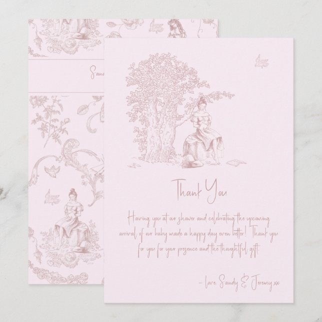 Elegant Pink Toile Jouy Baby Shower Book Request Thank You Card (Front/Back)