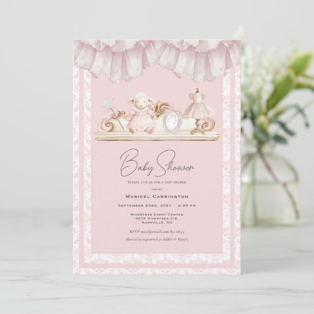 Elegant Pink Toile Vintage Whimsical Baby Shower Invitation (Standing Front)