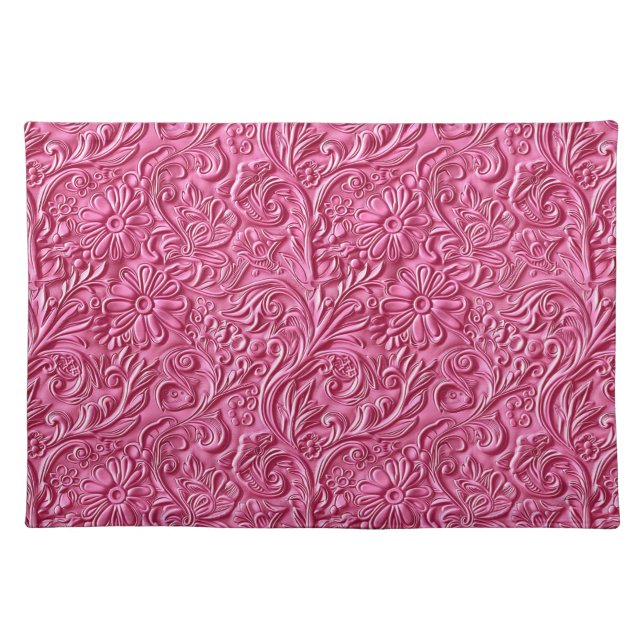 Elegant pink tooled leather floral cloth placemat (Front)