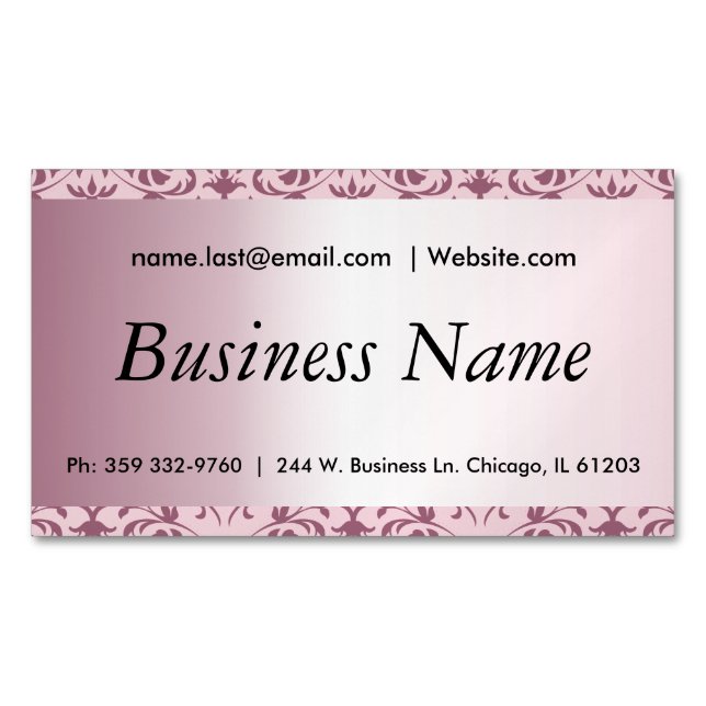 Elegant Pink Tourmaline Damask Business Card Magnet (Front)