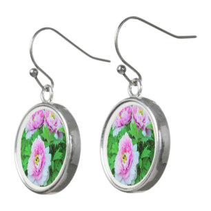 Elegant Pink Tree Peony Flowers with Yellow Center Earrings