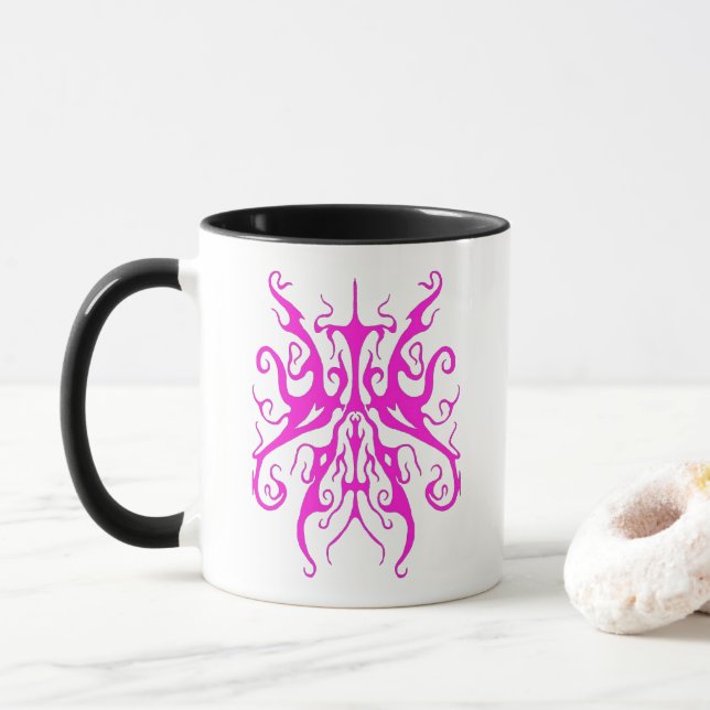 Elegant Pink Tribal Mask Abstract Design Mug (With Donut)