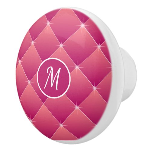 Elegant Pink Tuft Design with Diamonds Monogram Ceramic Knob