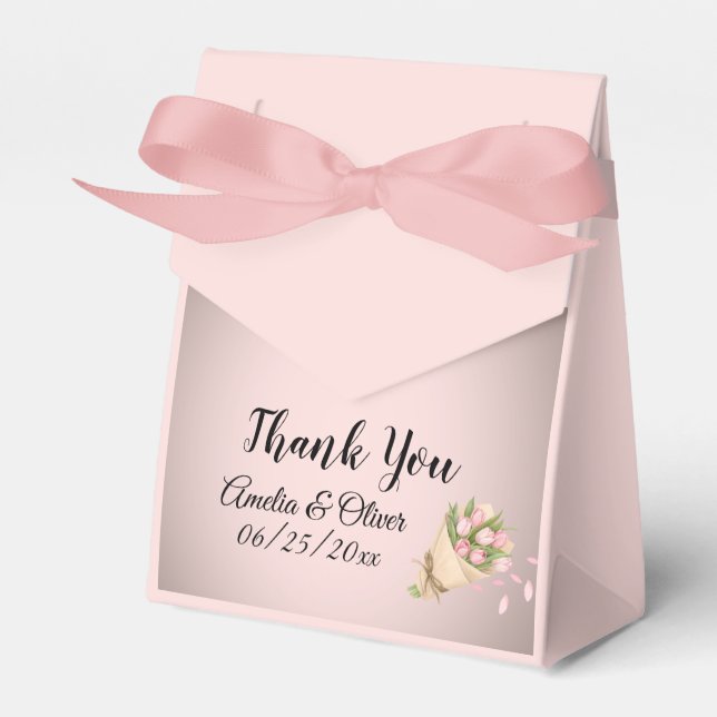 Elegant Pink Tulips Bouquet Wedding Favor Boxes (Front Side)