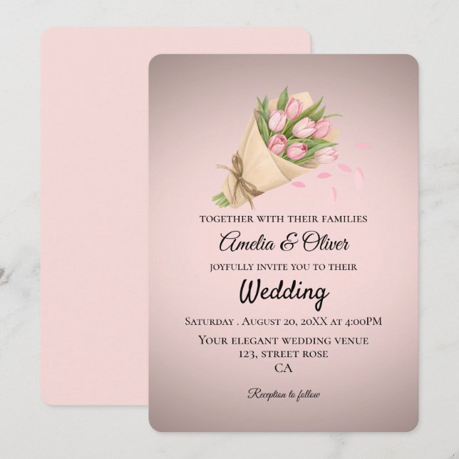 Elegant Pink Tulips Bouquet Wedding Invitation (Front/Back)