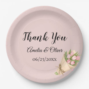 Elegant Pink Tulips Bouquet Wedding Paper Plates