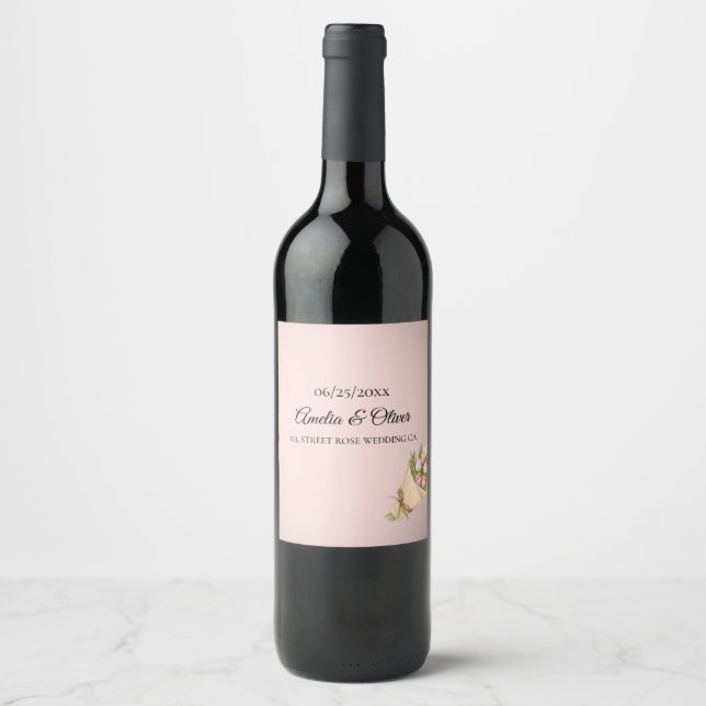 Elegant Pink Tulips Bouquet Wedding Wine Label (Front)