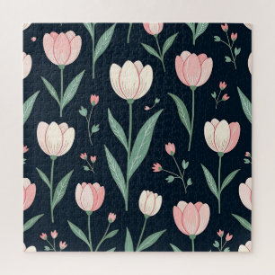 Elegant Pink Tulips Floral Seamless Pattern Jigsaw Puzzle