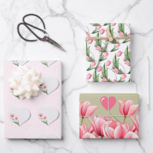 Elegant Pink Tulips & Hearts Floral Wrapping Paper