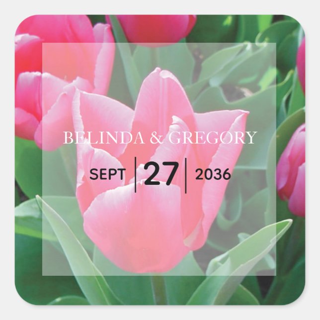 Elegant Pink Tulips Wedding  Square Sticker (Front)