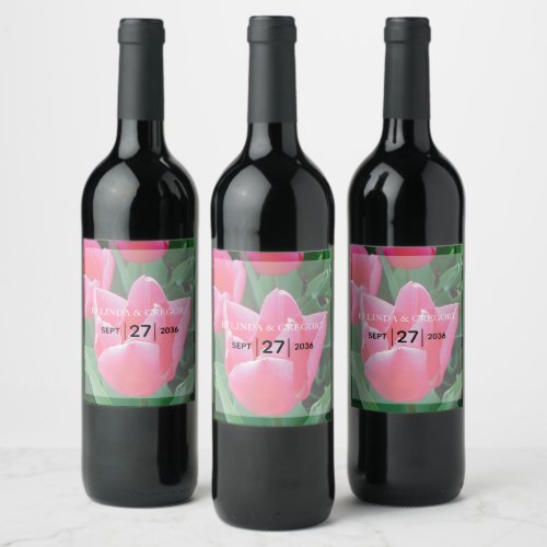 Elegant Pink Tulips Wedding Wine Label