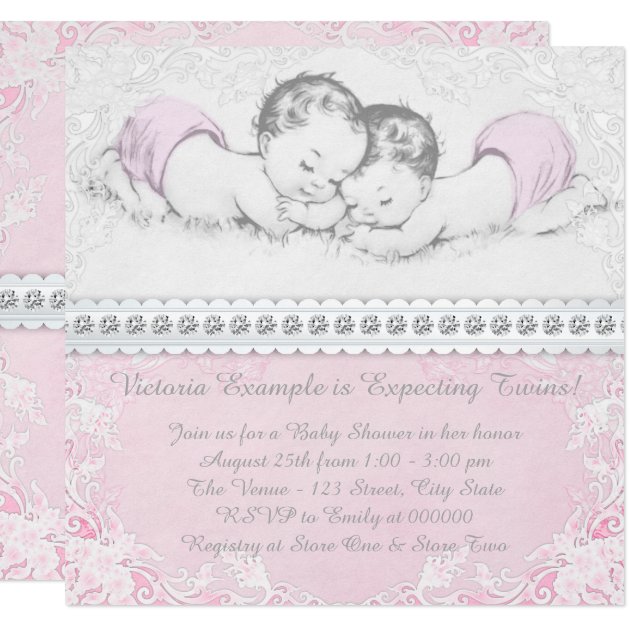 Elegant Pink Twin Girl Baby Shower Invitation