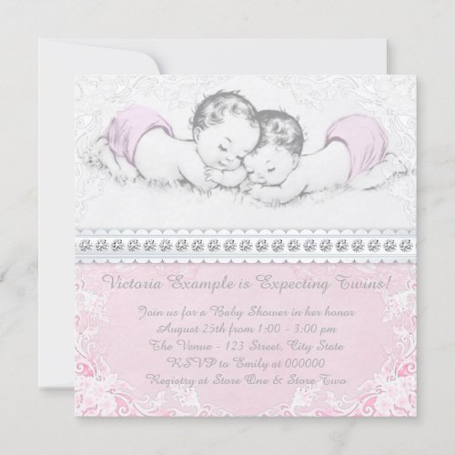 Elegant Pink Twin Girl Baby Shower Personalized Invitations
