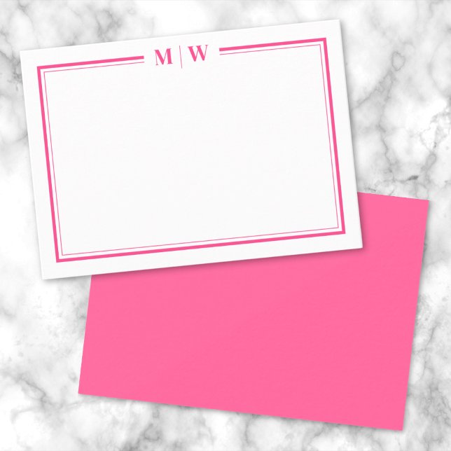 Elegant Pink Two Border Minimalist Monogram Note Card (Hot Pink Two Border Name Monogram Note Card)
