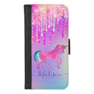 Elegant pink unicorn dripping glitter monogram iPhone 8/7 wallet case