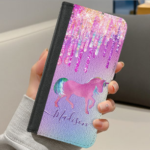 Elegant pink unicorn dripping glitter monogram iPhone 8/7 wallet case
