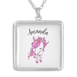 Elegant Pink Unicorn Girl Name Silver Plated Necklace