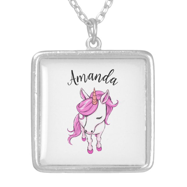 Elegant Pink Unicorn Girl Name Silver Plated Necklace (Front)