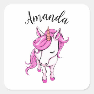 Elegant Pink Unicorn Girl Name Square Sticker