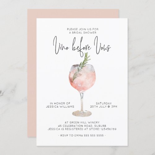 Elegant Pink Vino Before Vows Bridal Shower Invitation
